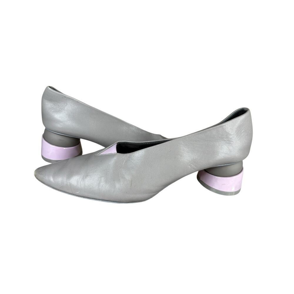 Grey Matters Heel Grey Leather Heels Light Purple Accents on Heels Front Size 39